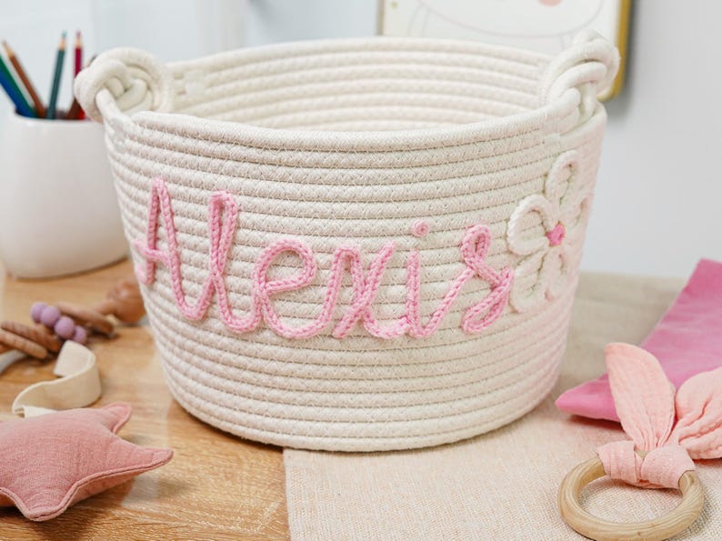 Personalized Baby Shower Gift Basket, Rope Cotton Baby Basket, Newborn Gift, Baby Name Keepsake, Easter Basket