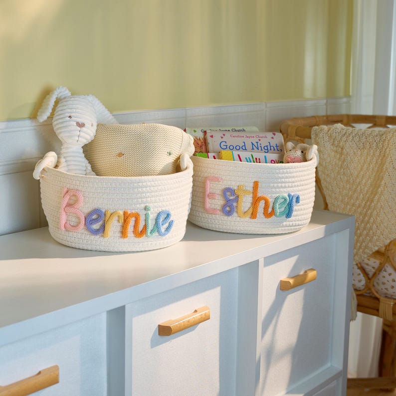 Personalized Handmade Baby Basket – Custom Baby Gift, Baby Shower Gift, I-Cord Knitting Storage & Toy Organizer