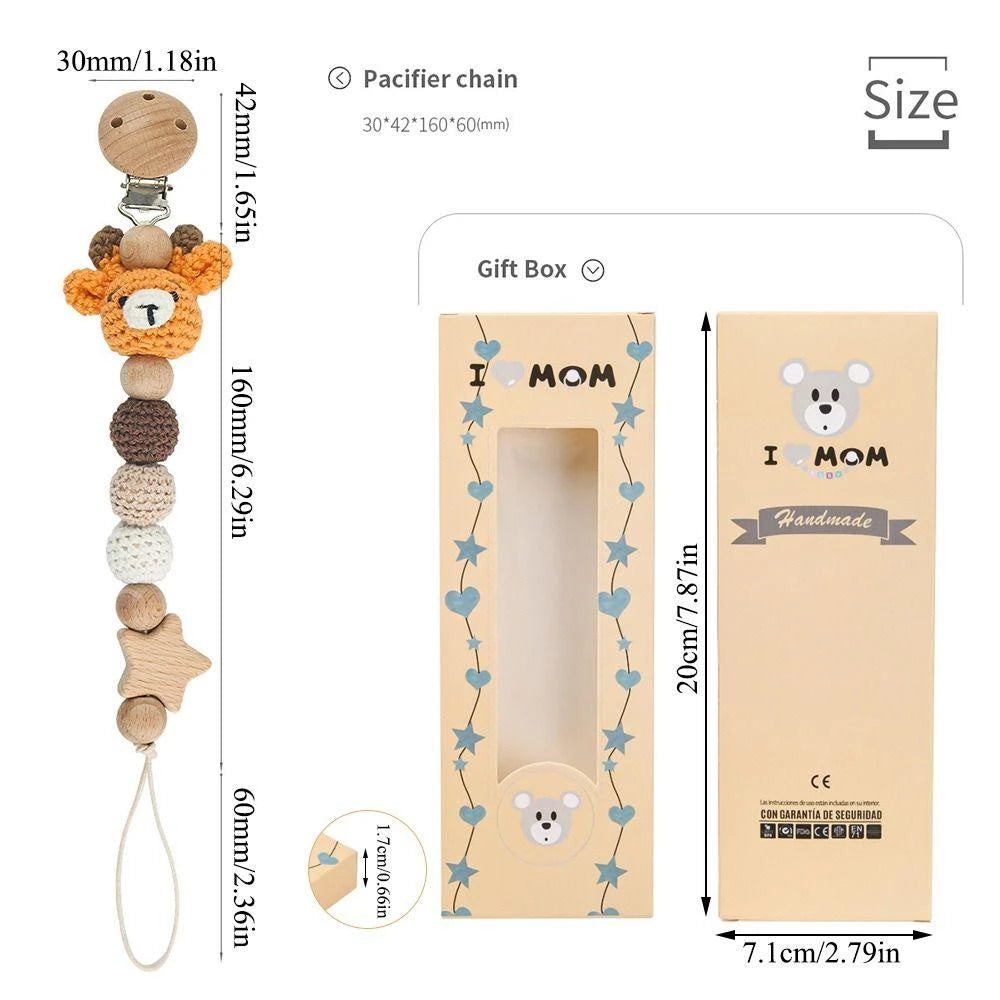 Themed Baby Pacifier Clip – Wooden Striped Toy with Storage Pouch - Babyclipstore TUD3535