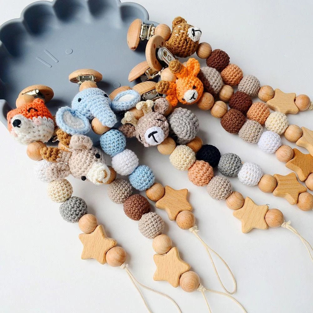 Themed Baby Pacifier Clip – Wooden Striped Toy with Storage Pouch - Babyclipstore TUD3535