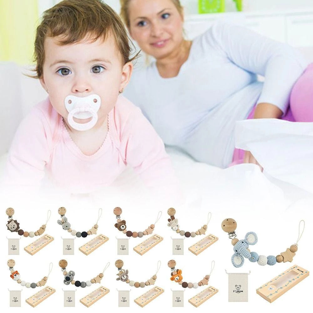 Themed Baby Pacifier Clip – Wooden Striped Toy with Storage Pouch - Babyclipstore TUD3535
