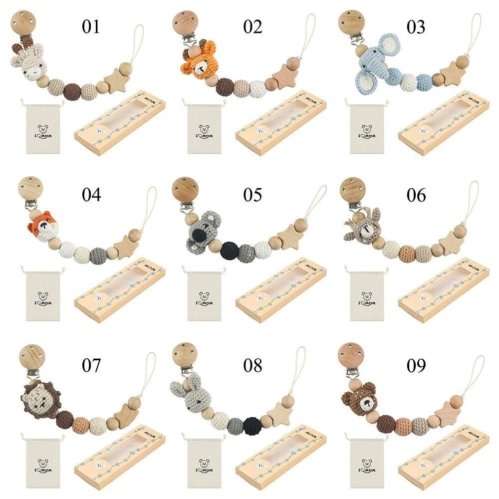 Themed Baby Pacifier Clip – Wooden Striped Toy with Storage Pouch - Babyclipstore TUD3535