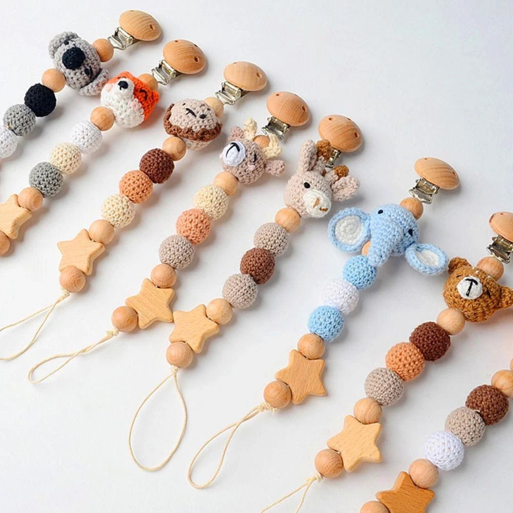 Themed Baby Pacifier Clip – Wooden Striped Toy with Storage Pouch - Babyclipstore TUD3535